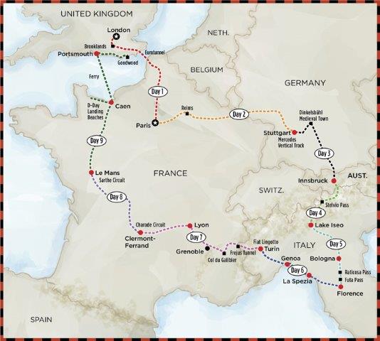 map showing the route of the 3,000 mile trip across Europe