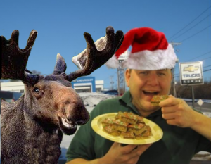 Lenny eating a plate of scotcheroos outside Runde Chevrolet while a moose looks on with envy