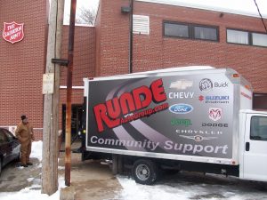 the Runde community service truck parked outside the Salvation Army building in Dubuque