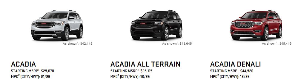 photos of 3 GMC Acadia trim levels