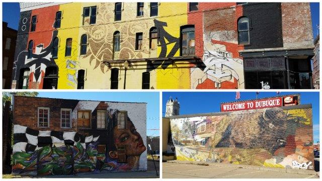 pictures of 3 Murals from the Voices from the Warehouse District Project in downtown Dubuque