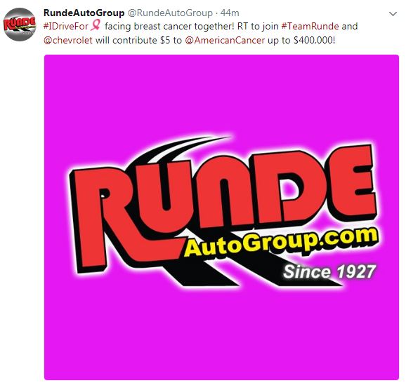 image of a twitter post from Runde Auto Group with the Runde logo in a pink color