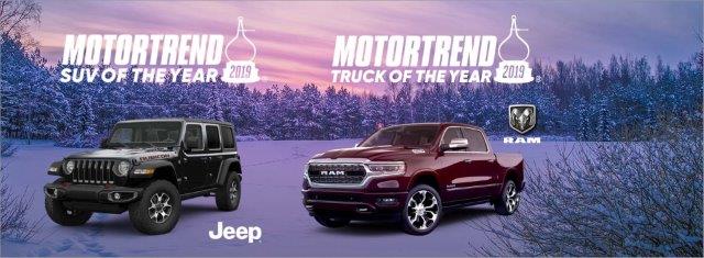 Banner showing that Ram 1500 & Jeep Wrangler won major awards in the 2019 Motor Trend Awards