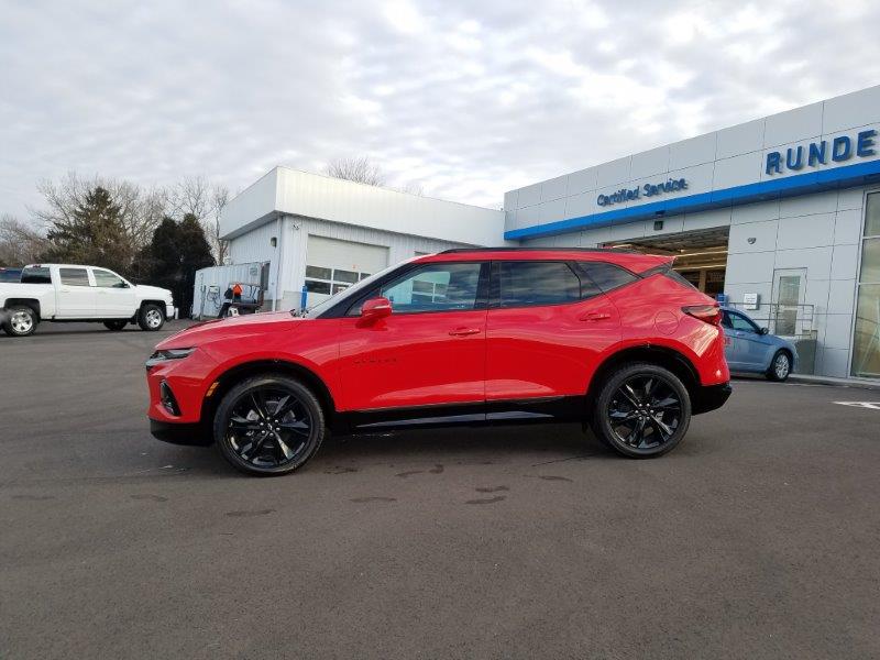 new red Blazer on the lot in front of Runde Chevrolet in East Dubuque Illinois