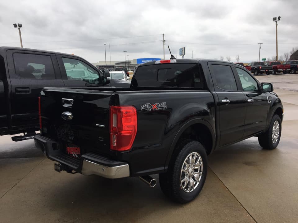 Rear exterior shot of a 2019 black Ford Ranger at Runde Auto Group in Manchester Iowa