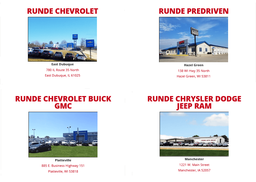 Four locations of the Runde Auto Group dealership near Dubuque