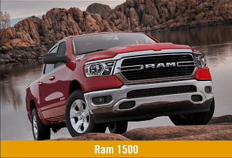 red new Ram 1500 being driven over rocky terrain