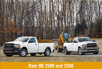 Two white Ram HD work trucks