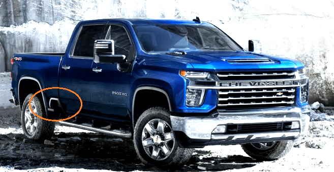 blue Silverado HD crew cab with integrated side box step