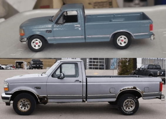 Tanner's truck next to a model of his truck - one of them has slightly more rust