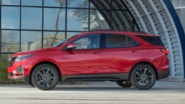 red new Chevy Equinox with black aluminum alloy wheels