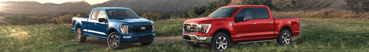 new blue and red Ford F-150s